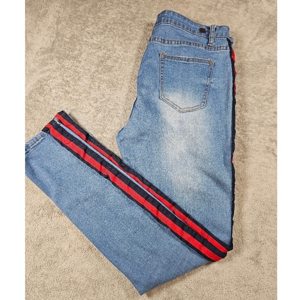 Roma Studio Blue Denim Jeans Red Navy Side Stripe Straight Leg Track Style Pants